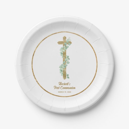 Elegant Eucalyptus and Cross First Communion Papieren Bordje (Voorkant)