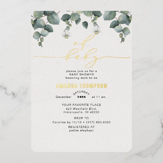 Elegant Eucalyptus Baby shower Folie Uitnodiging (Voorkant)