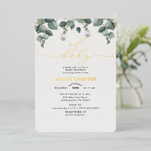 Elegant Eucalyptus Baby shower Folie Uitnodiging (Staand Voorkant)