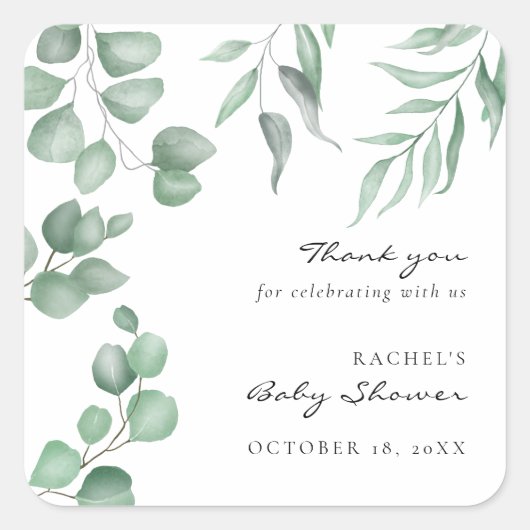 Elegant Eucalyptus Baby shower Greenery Foliage Vierkante Sticker (Voorkant)