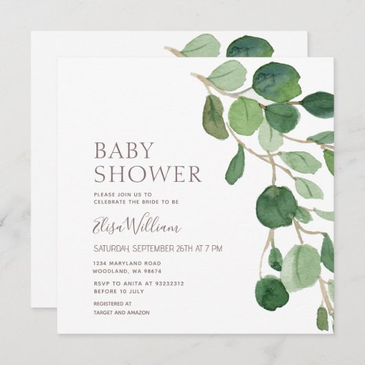 Elegant Eucalyptus Baby shower Invitation Kaart (Voorkant / Achterkant)