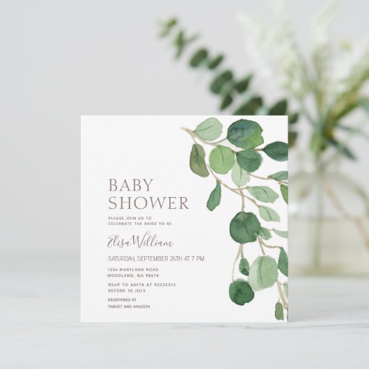 Elegant Eucalyptus Baby shower Invitation Kaart (Staand voorkant)