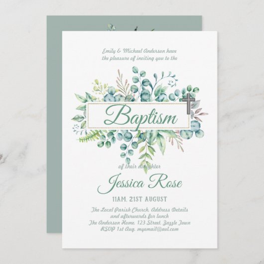 Elegant Eucalyptus Baptism Christening Greenery Kaart (Voorkant / Achterkant)