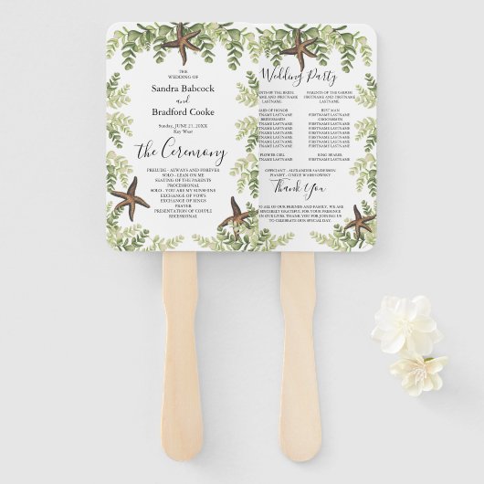 Elegant Eucalyptus Beach Starfish Wedding Programm Handwaaier (Voorkant en achterkant)
