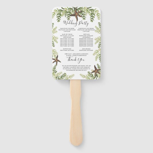 Elegant Eucalyptus Beach Starfish Wedding Programm Handwaaier (Achterkant)