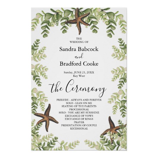 Elegant Eucalyptus Beach Starfish Wedding Programm Perfect Poster (Voorkant)
