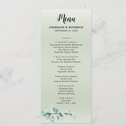 Elegant Eucalyptus blad groen bruiloft Menu (Voorkant / Achterkant)