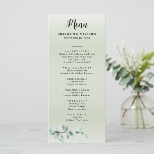 Elegant Eucalyptus blad groen bruiloft Menu (Staand voorkant)