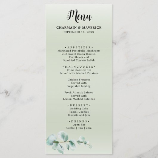 Elegant Eucalyptus blad groen bruiloft Menu (Voorkant)