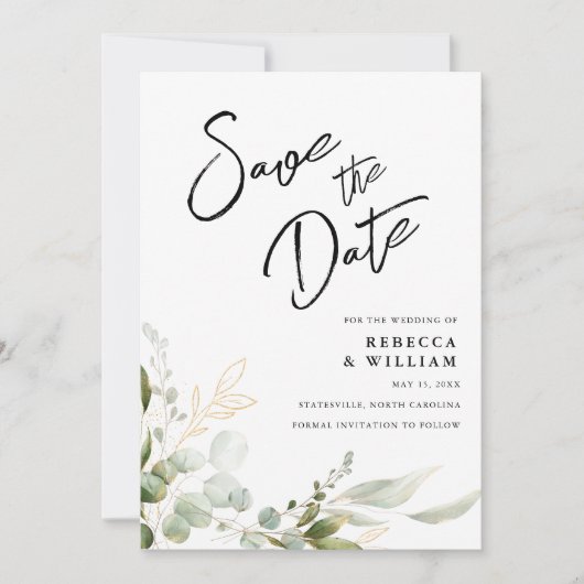 Elegant Eucalyptus Bladgroen Bruiloft Save The Date (Voorkant)