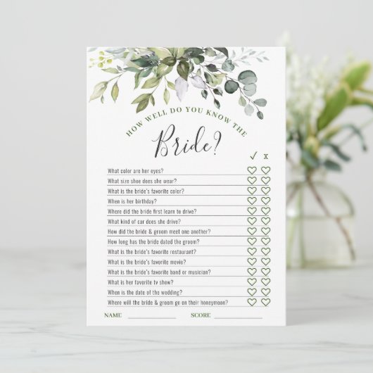 Elegant Eucalyptus Bloemen Vrijgezellenfeest Game  Kaart (Staand voorkant)