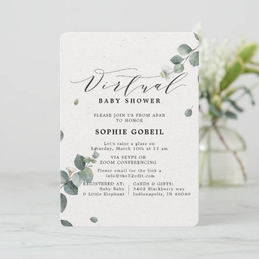 Elegant Eucalyptus Bloemenvirtueel Baby shower Kaart (Staand voorkant)