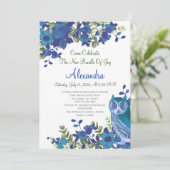 Elegant Eucalyptus Blue Blauwgroen Floral Owl (Staand voorkant)