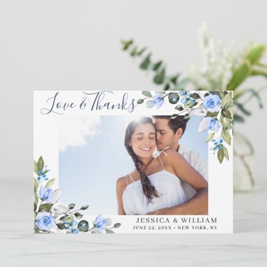 Elegant Eucalyptus Blue Roses 4 PHOTO Bedankkaart (Staand voorkant)