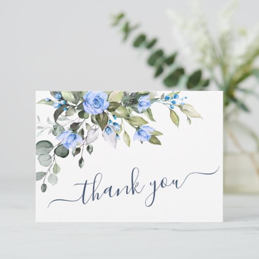Elegant Eucalyptus Blue Roses Greenery Bedankkaart (Staand voorkant)