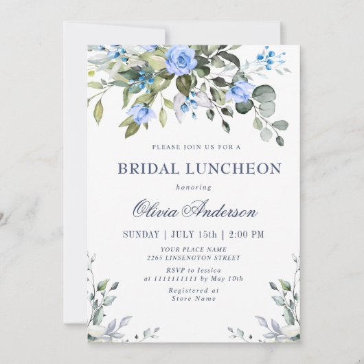 Elegant Eucalyptus Blue Rozen BRIDAL LUNCHEON Kaart (Voorkant)