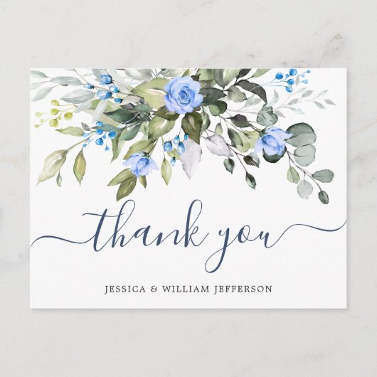 Elegant Eucalyptus Blue Rozen Floral bedankt Briefkaart (Voorkant)