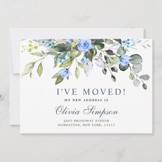 Elegant Eucalyptus Blue Rozen Floral Moving Aankondiging (Voorkant)