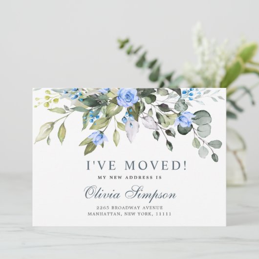 Elegant Eucalyptus Blue Rozen Floral Moving Aankondiging (Staand voorkant)