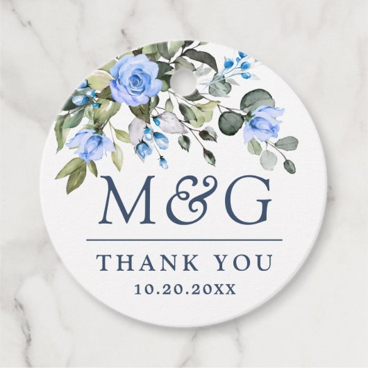 Elegant Eucalyptus Blue Rozen Floral Wedding Bedankjes Labels (Voorkant)
