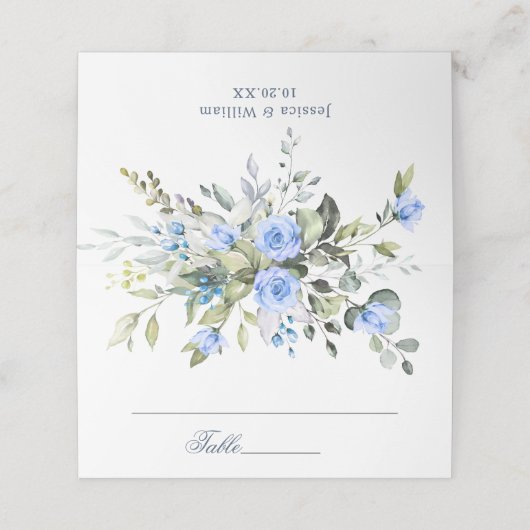 Elegant Eucalyptus Blue Rozen Floral Wedding Plaatskaartje (Buitenkant ongevouwen)
