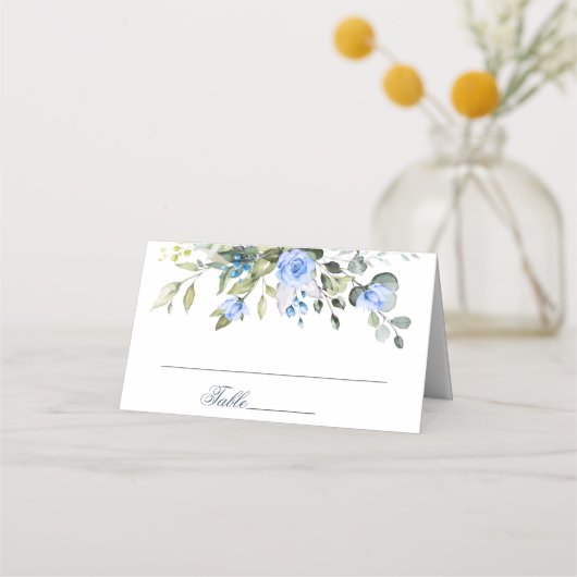 Elegant Eucalyptus Blue Rozen Floral Wedding Plaatskaartje (Voorkant)