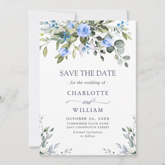Elegant Eucalyptus Blue Rozen Floral Wedding Save The Date (Voorkant)