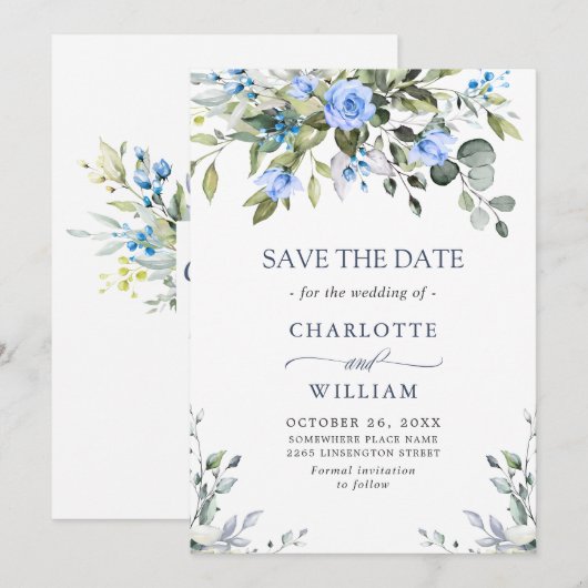 Elegant Eucalyptus Blue Rozen Floral Wedding Save The Date (Voorkant / Achterkant)