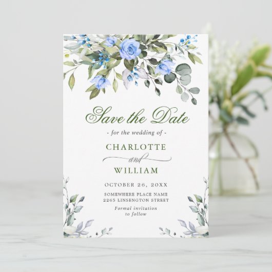 Elegant Eucalyptus Blue Rozen Floral Wedding Save The Date (Staand voorkant)