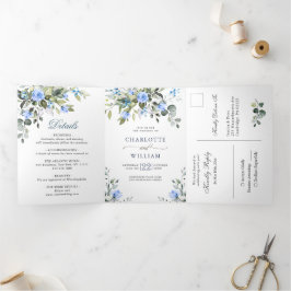 Elegant Eucalyptus Blue Rozen Greenery Wedding Drieluik Uitnodiging