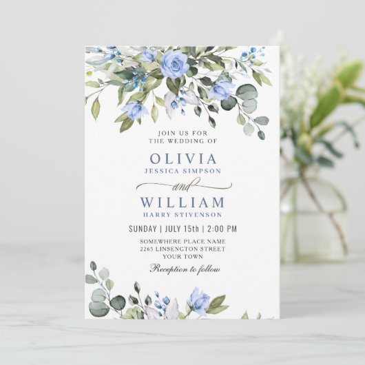 Elegant Eucalyptus Blue Rozen Greenery Wedding IV Kaart (Staand voorkant)