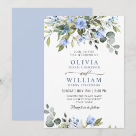 Elegant Eucalyptus Blue Rozen Greenery Wedding IV Kaart
