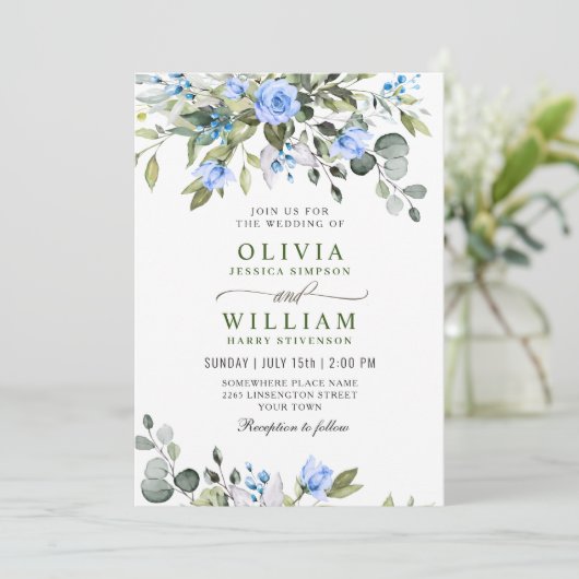 Elegant Eucalyptus Blue Rozen Greenery Wedding Kaart (Staand voorkant)