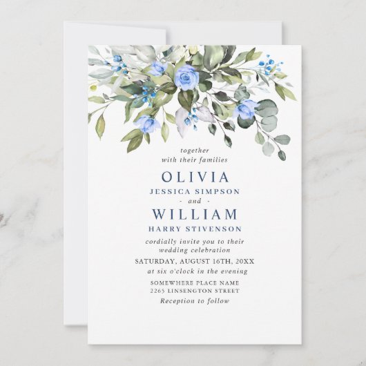 Elegant Eucalyptus Blue Rozen Greenery Wedding Kaart (Voorkant)