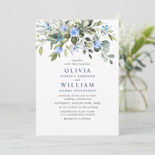 Elegant Eucalyptus Blue Rozen Greenery Wedding Kaart (Staand voorkant)