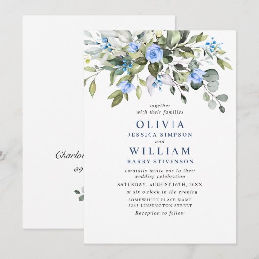 Elegant Eucalyptus Blue Rozen Greenery Wedding Kaart (Voorkant / Achterkant)