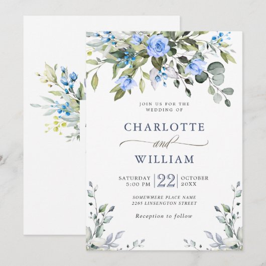 Elegant Eucalyptus Blue Rozen Greenery Wedding Kaart (Voorkant / Achterkant)