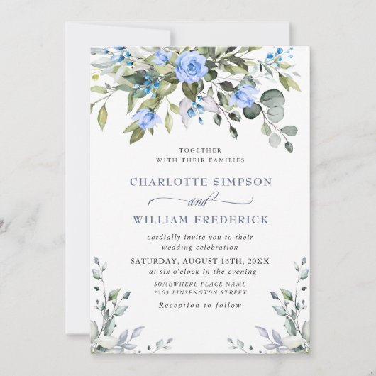Elegant Eucalyptus Blue Rozen Greenery Wedding Kaart (Voorkant)
