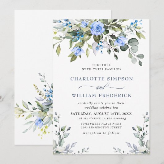 Elegant Eucalyptus Blue Rozen Greenery Wedding Kaart (Voorkant / Achterkant)