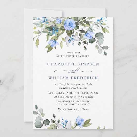 Elegant Eucalyptus Blue Rozen Greenery Wedding Kaart (Voorkant)