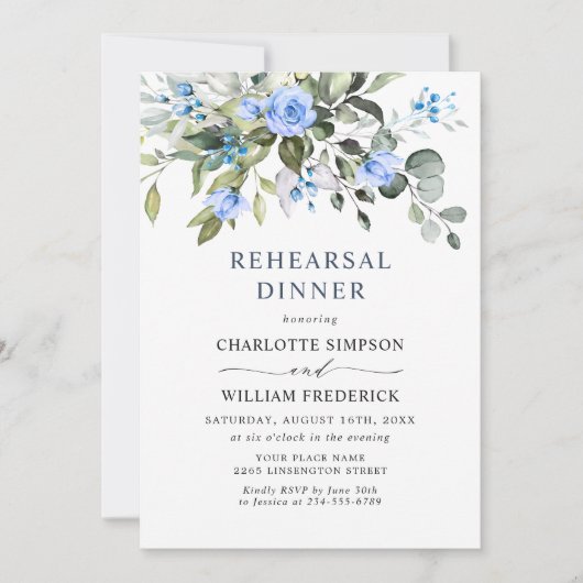Elegant Eucalyptus Blue Rozen REHEARSAL DINNER Kaart (Voorkant)