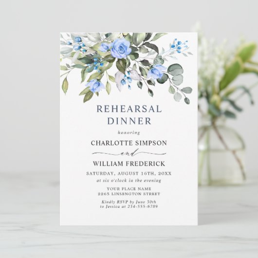 Elegant Eucalyptus Blue Rozen REHEARSAL DINNER Kaart (Staand voorkant)