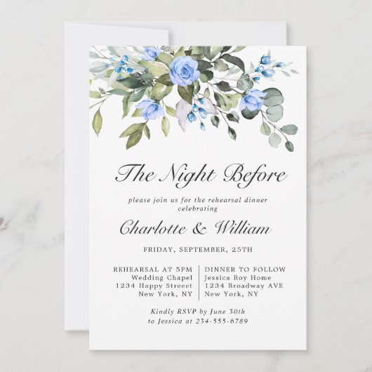 Elegant Eucalyptus Blue Rozen REHEARSAL DINNER Kaart (Voorkant)