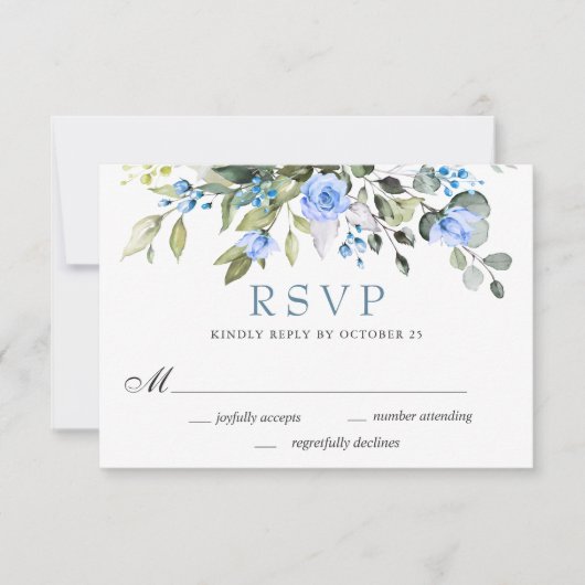 Elegant Eucalyptus Blue Rozen Weddenschap RSVP Kaartje (Voorkant)