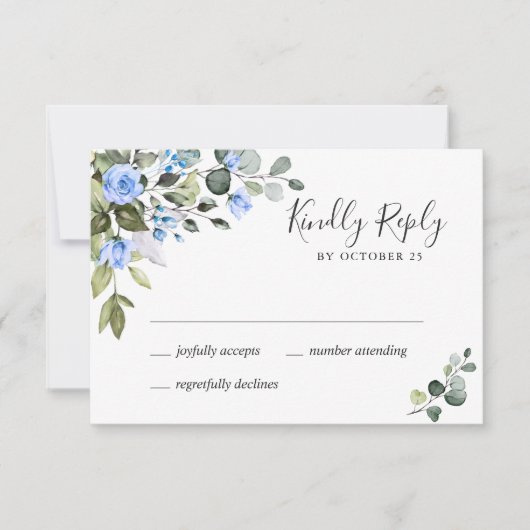Elegant Eucalyptus Blue Rozen Weddenschap RSVP Kaartje (Voorkant)