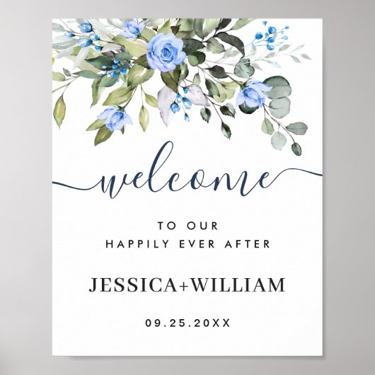 Elegant Eucalyptus Blue Rozen Weddenschap Welkom Poster (Voorkant)