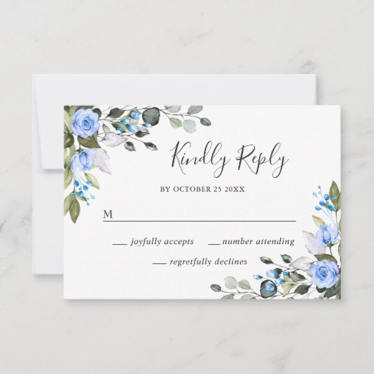 Elegant Eucalyptus Blue Rozen Wedding RSVP Kaart (Voorkant)