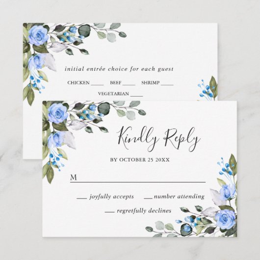 Elegant Eucalyptus Blue Rozen Wedding RSVP Kaart (Voorkant / Achterkant)