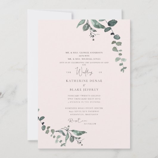 Elegant Eucalyptus Blush & Goodness of God Wedding Kaart (Voorkant)
