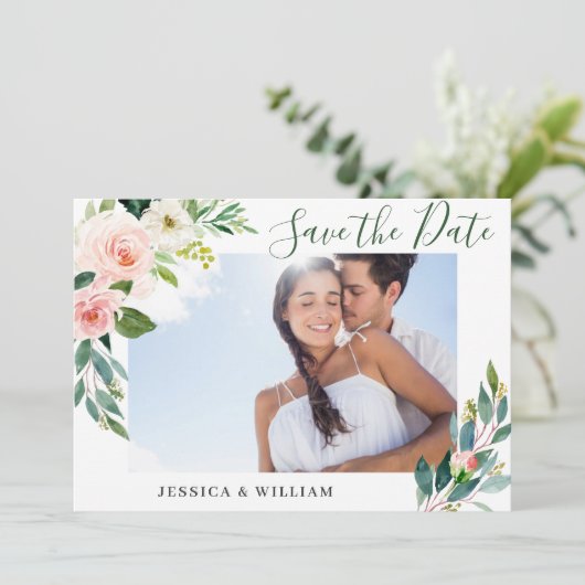 Elegant Eucalyptus Blush Pink Flower Weddenschap F Save The Date (Staand voorkant)
